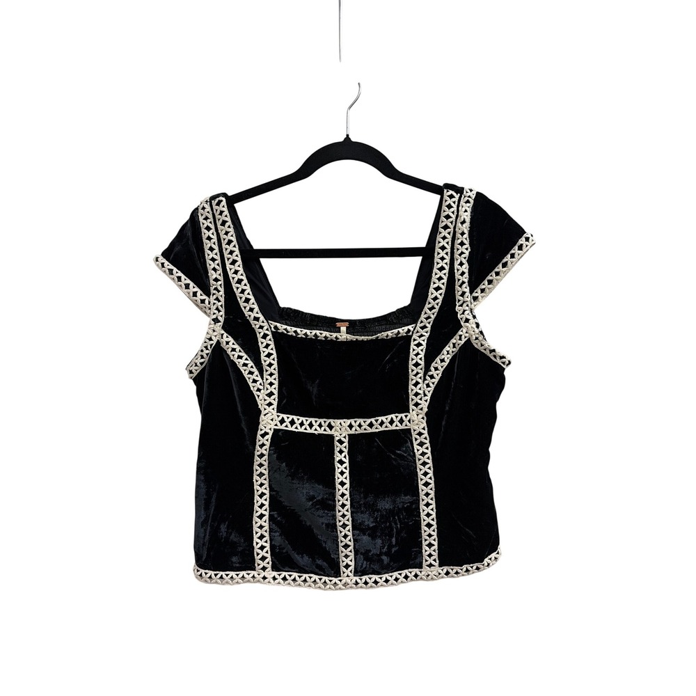 Free People Black Velvet Corset Top Lattice Crochet Trim Cap Sleeve OB2412775 M - Picture 2 of 5